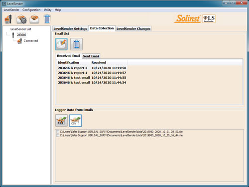 registerkarte „datenerfassung“ der solinst levelsender-software zum anzeigen von e-mails und daten