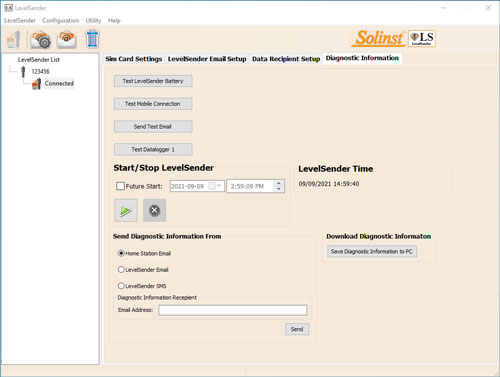 solinst levelsender 5 sotware diaganostics tab für einen über usb angeschlossenen levelsender