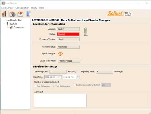 das hauptfenster der solinst levelsender-software zeigt die registerkarte levelsender-einstellungen