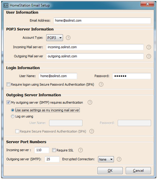 solinst levelsender-e-mail-server und anmeldeinformationen zeigen das e-mail-setup-fenster der home station an