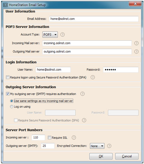 solinst levelsender email server and login information in the home station email setup window